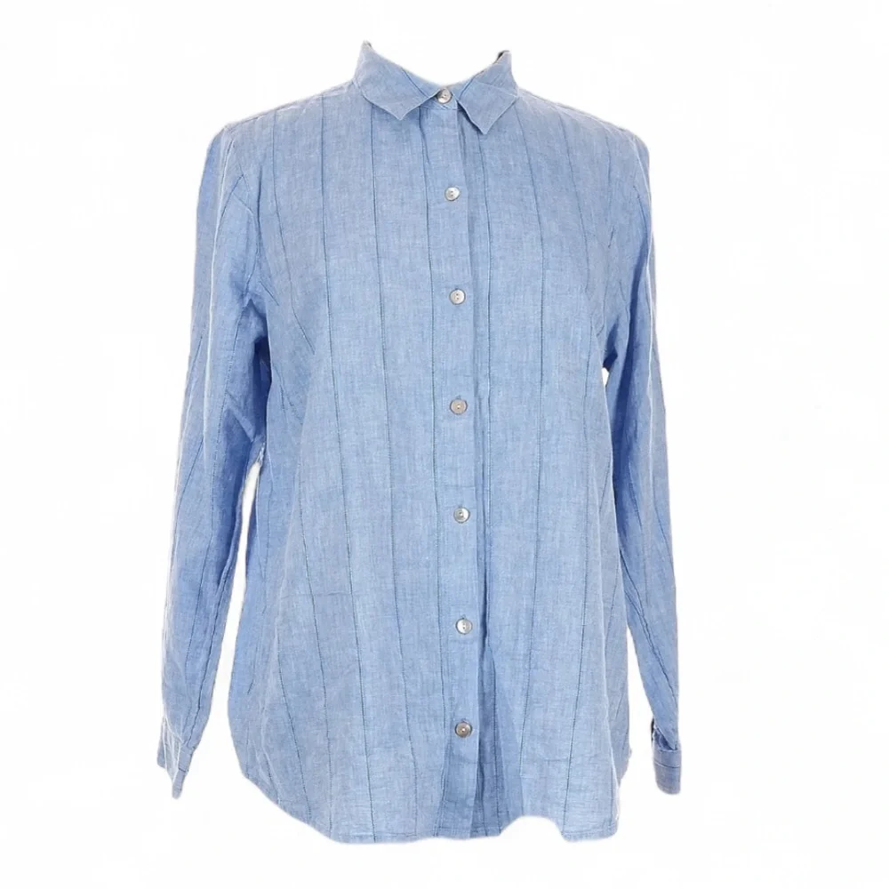 NWT J. JILL Blue Linen Stripe Long Sleeve Button Down Shirt Classic Office | XLP - Picture 1 of 16